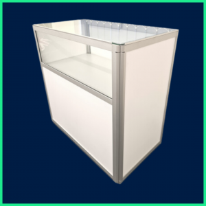 Lockable white counter unit with 1/3 glass display area (D087-WHI)